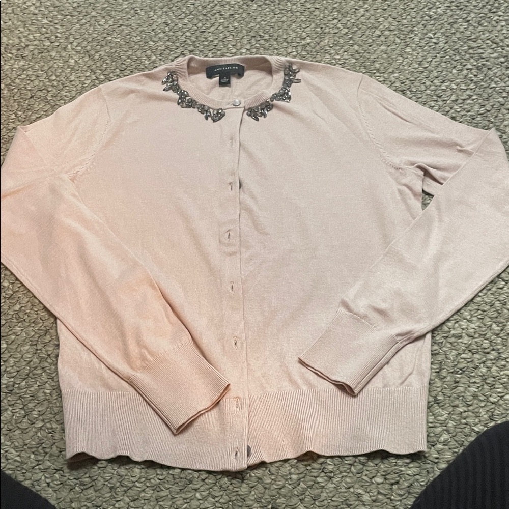 Ann Taylor Light Pink Jeweled Collar Cardigan